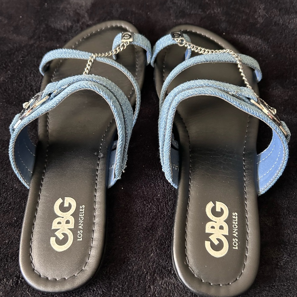 G by Guess Light Blue Denim Chain-Accent Slide Sandals - Picture 3 of 4
